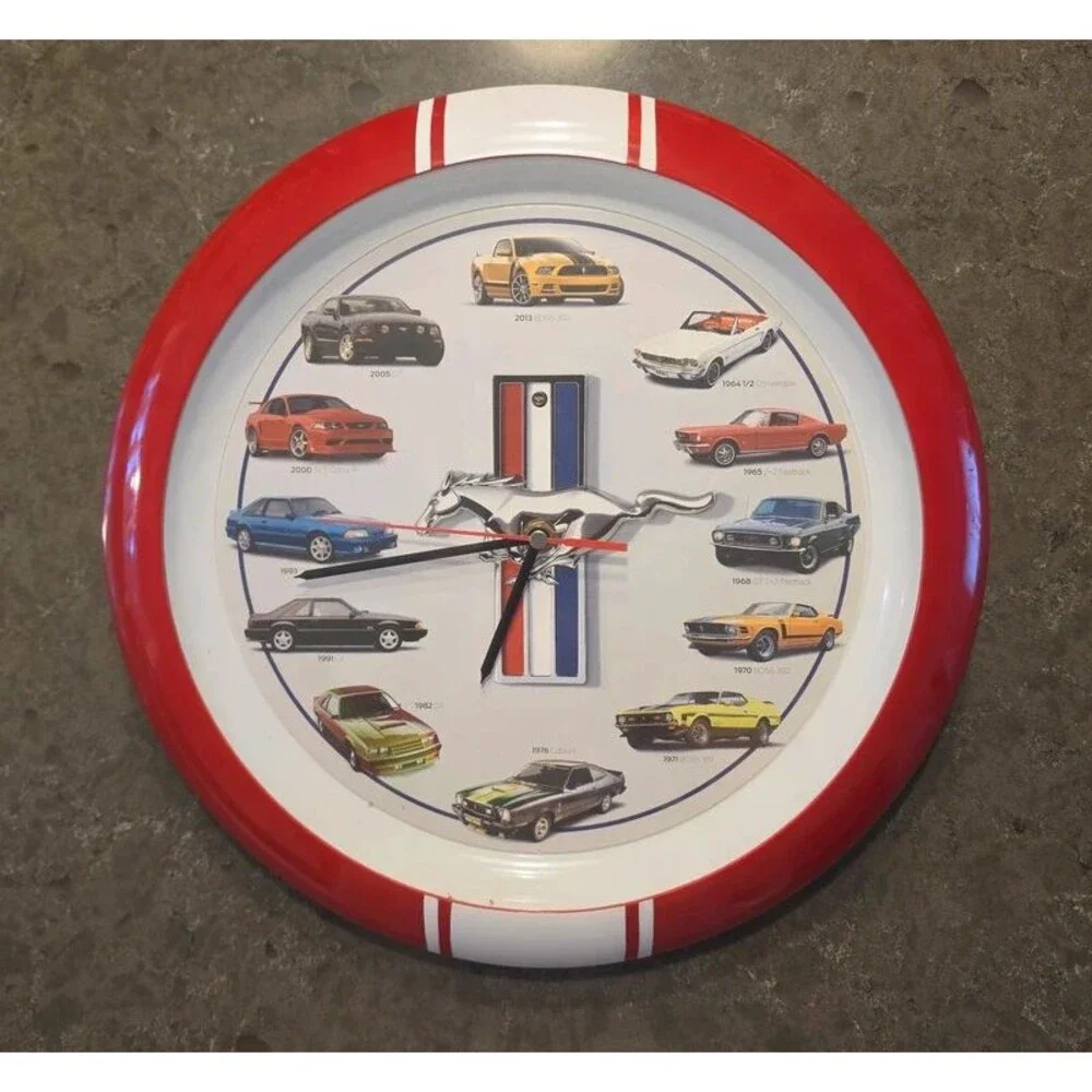 Ford Mustang Wall Clock 50 Years Cars Sound Quartz Red White Racing Stripe